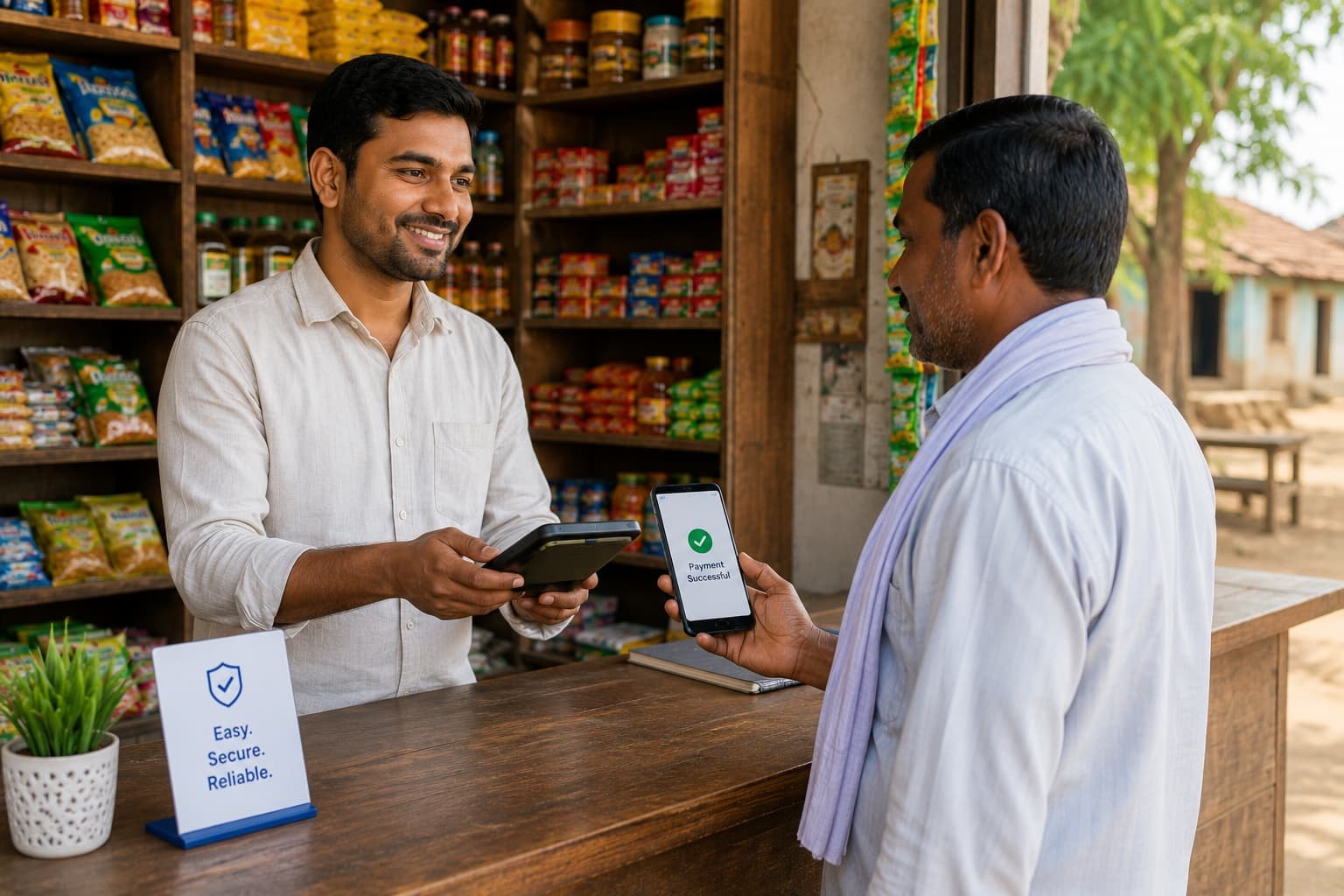 Shop owner serving a customer at a rural retail counter