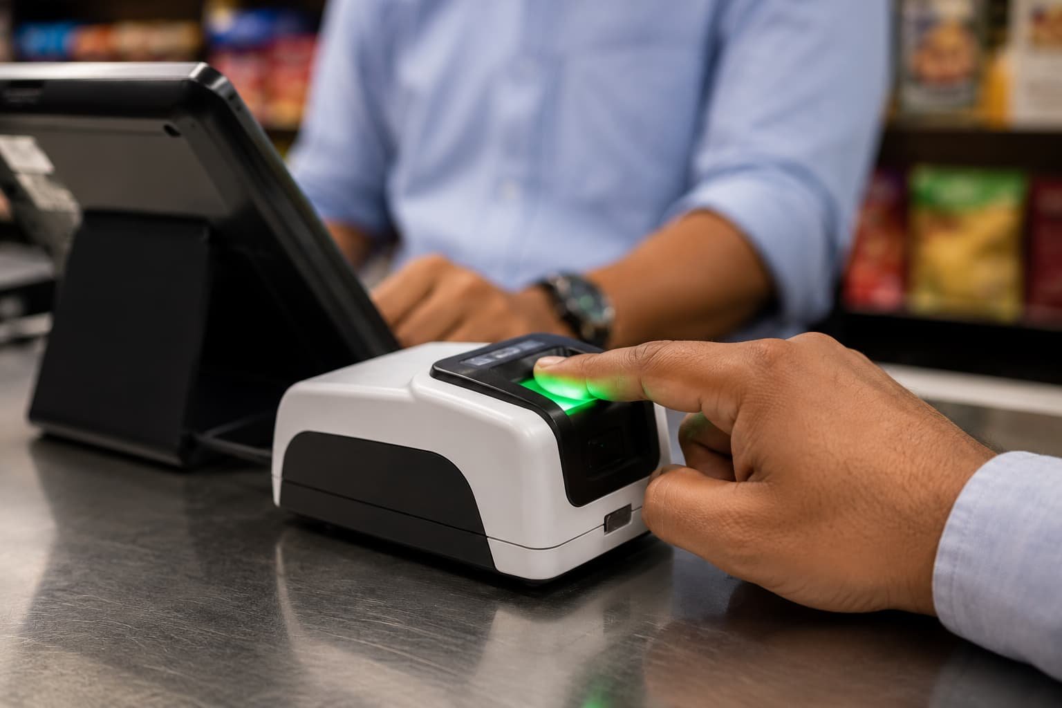 Close-up of a fingerprint scanner on a shop counter
