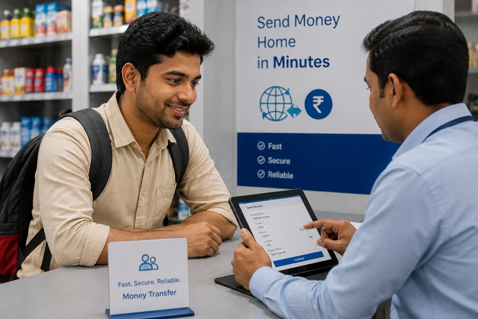 Agent helping a customer send money home at a counter