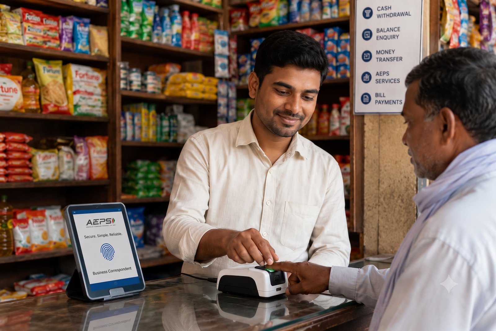 Rural shopkeeper assisting a customer with a biometric device at a kirana counter